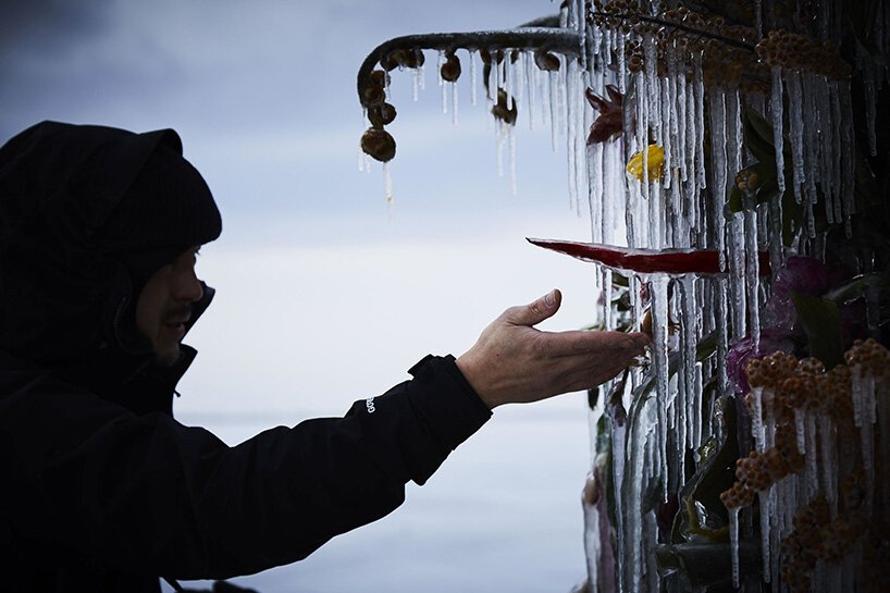 在冷冻花卉中，azuma makoto 使用冰来保存花卉装置