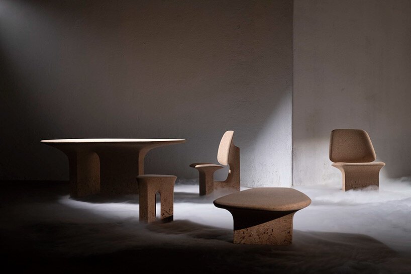 burnt cork furniture made of scrapped remnants with a raw to refined gradient