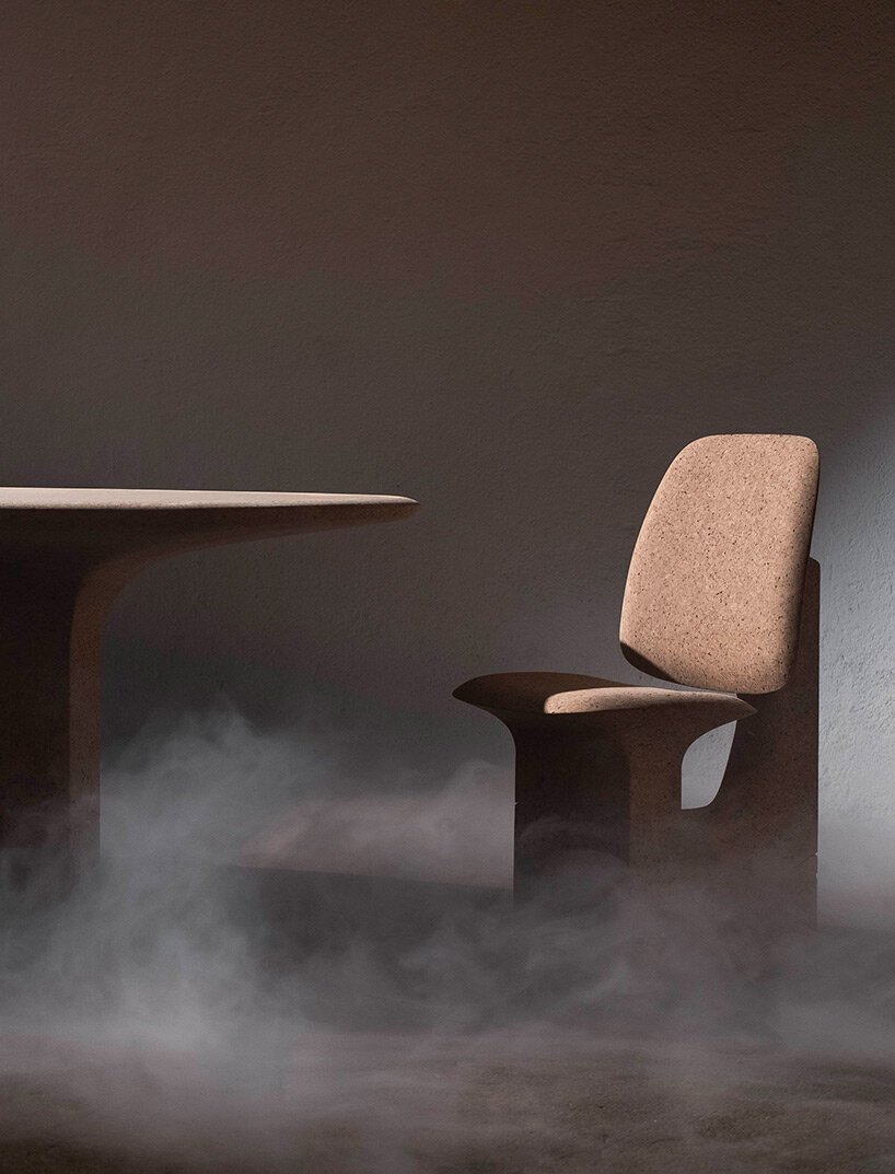 burnt cork furniture made of scrapped remnants with a raw to refined gradient