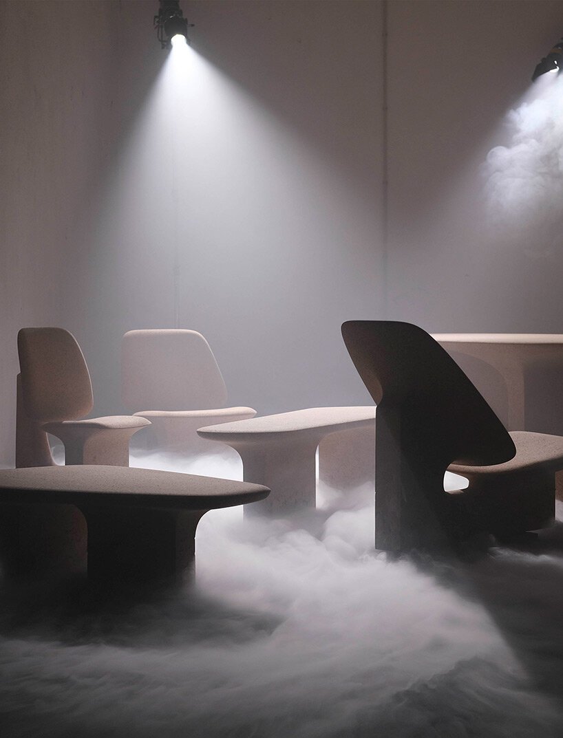 burnt cork furniture made of scrapped remnants with a raw to refined gradient