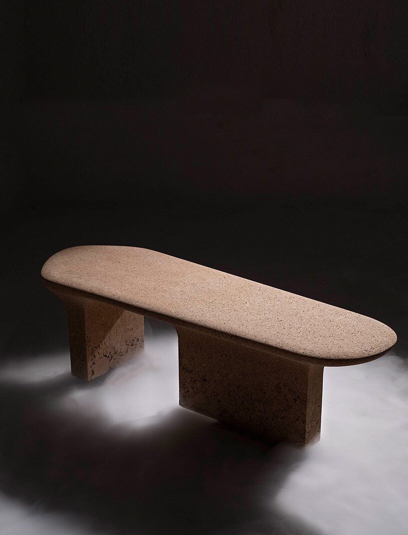 burnt cork furniture made of scrapped remnants with a raw to refined gradient