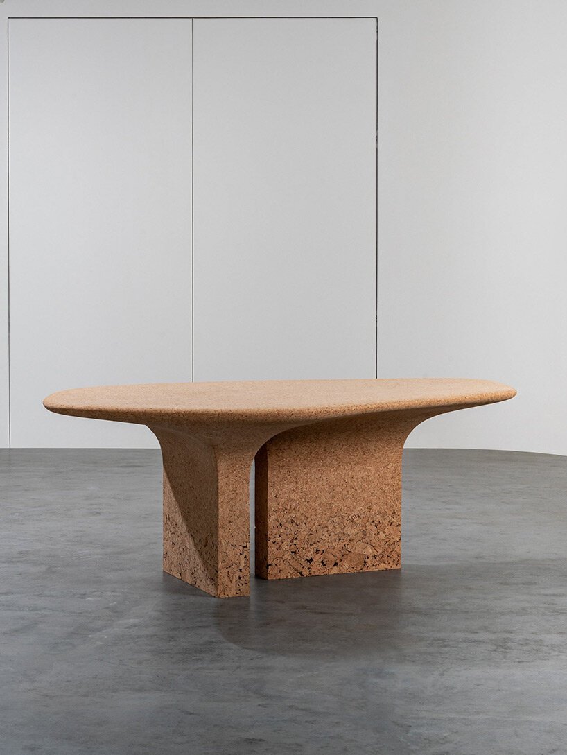 burnt cork furniture made of scrapped remnants with a raw to refined gradient