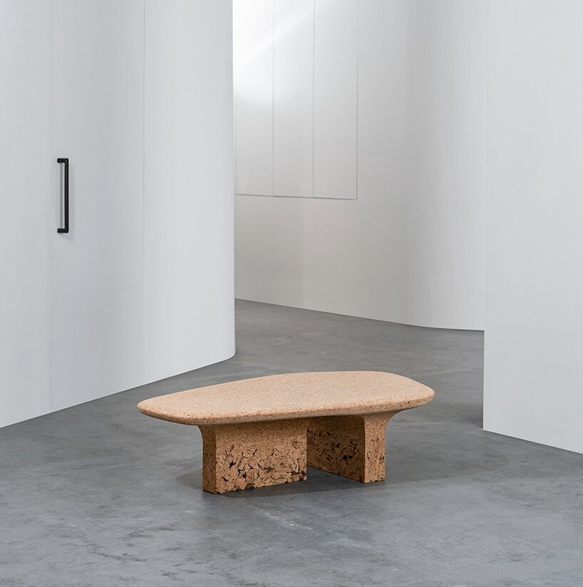 burnt cork furniture made of scrapped remnants with a raw to refined gradient