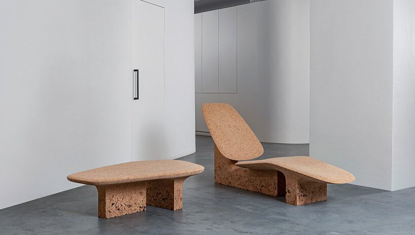 burnt cork furniture made of scrapped remnants with a raw to refined gradient