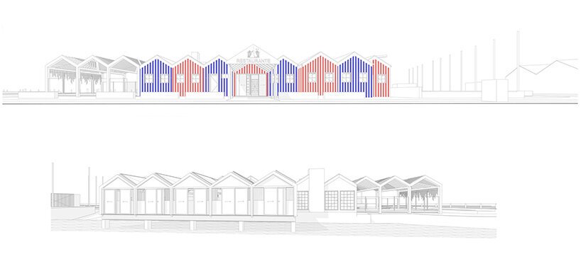ferreira arquitectos 模仿条纹海滩帐篷修复葡萄牙的帆船俱乐部