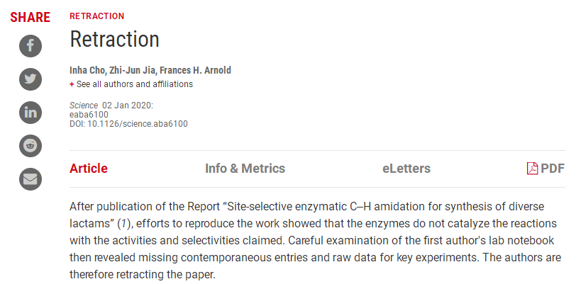 Science 碳氢键 (C‒H) 功能化文章第一作者涉嫌造假 文章被撤稿