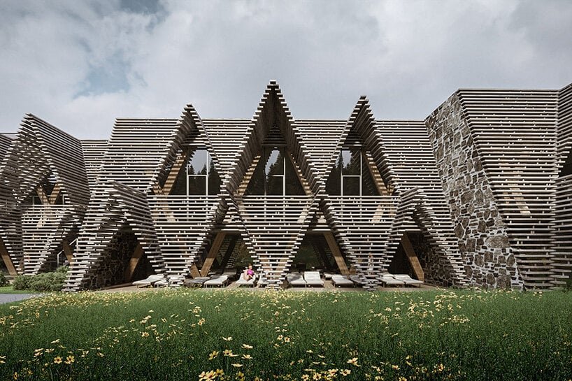 a stack of timber A-frames by enota architects to extend slovenia’s hotel natura