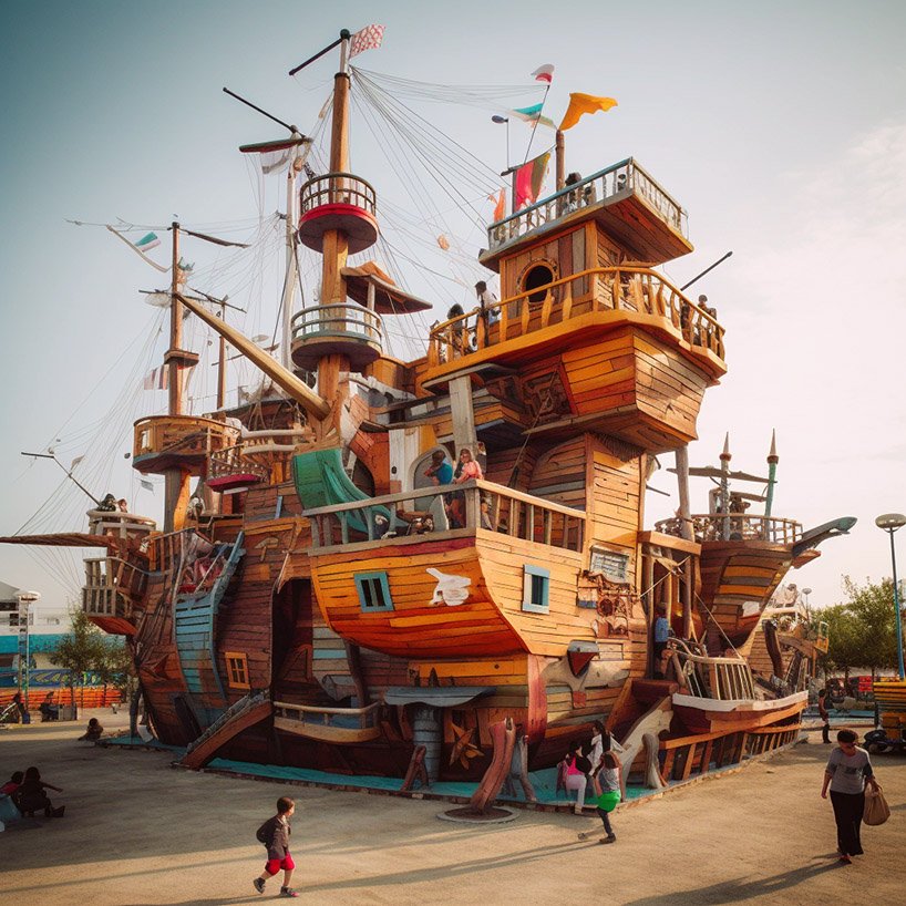 充满活力的人工智能系列将儿童游乐场设想为宇宙飞船、船只和齐柏林飞艇