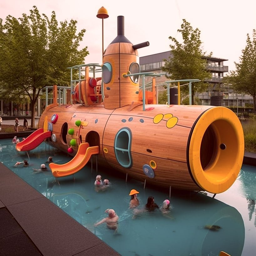 充满活力的人工智能系列将儿童游乐场设想为宇宙飞船、船只和齐柏林飞艇