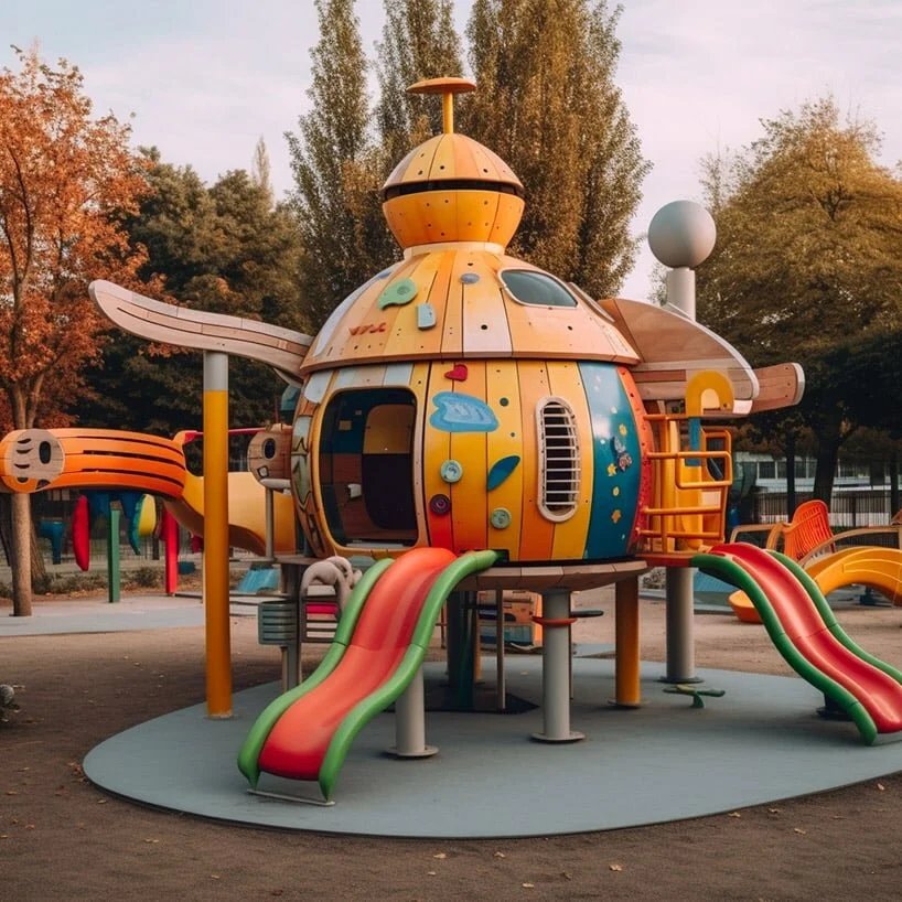 充满活力的人工智能系列将儿童游乐场设想为宇宙飞船、船只和齐柏林飞艇