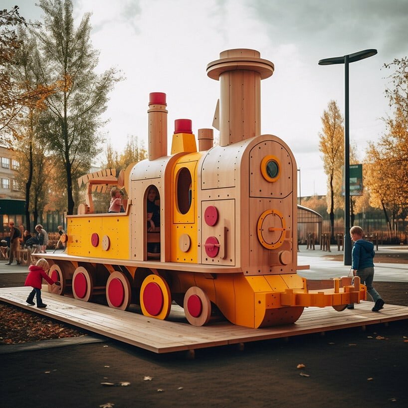 充满活力的人工智能系列将儿童游乐场设想为宇宙飞船、船只和齐柏林飞艇