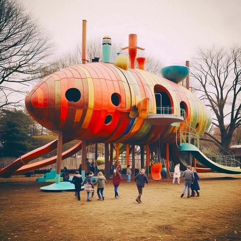 充满活力的人工智能系列将儿童游乐场设想为宇宙飞船、船只和齐柏林飞艇