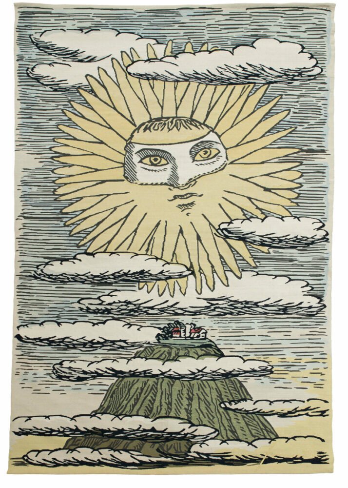 圣莫里茨 NOMAD 的 Fornasetti 手工编织挂毯上的太阳星星 圣莫里茨 NOMAD 的 Fornasetti 手工编织挂毯上的太阳星星