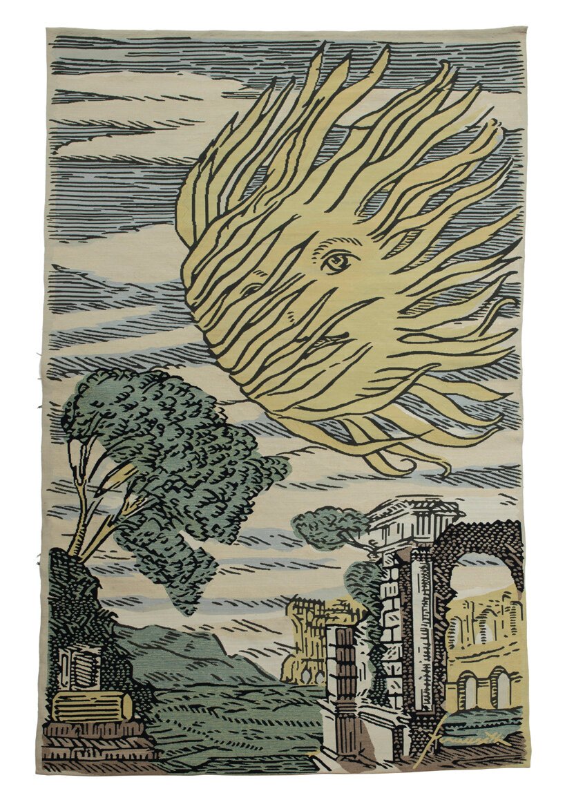 圣莫里茨 NOMAD 的 Fornasetti 手工编织挂毯上的太阳星星 圣莫里茨 NOMAD 的 Fornasetti 手工编织挂毯上的太阳星星