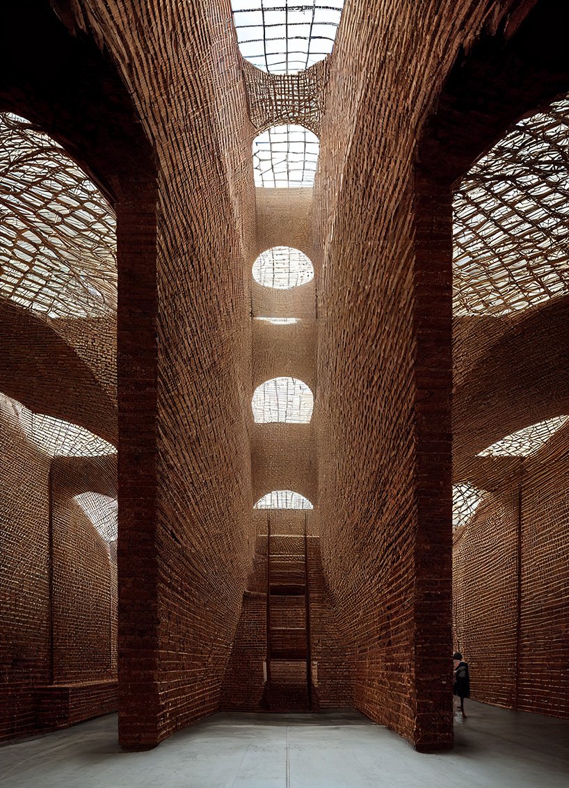 人工智能生成的砖结构通过光线和拉伸几何结构探索神圣性