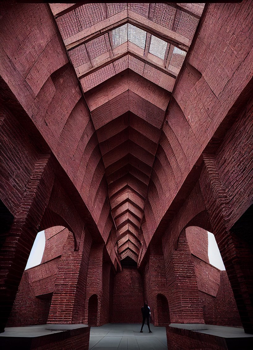 人工智能生成的砖结构通过光线和拉伸几何结构探索神圣性