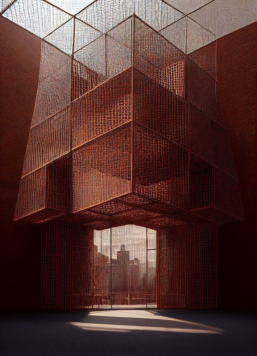 人工智能生成的砖结构通过光线和拉伸几何结构探索神圣性