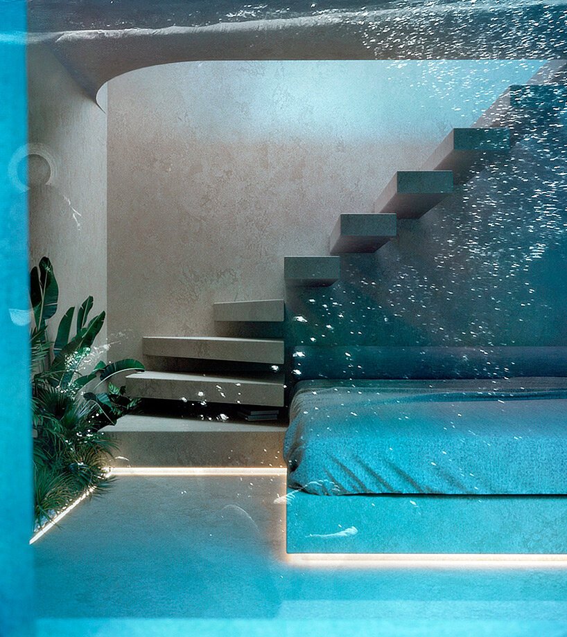 科达斯建筑师事务所设计的这座希腊住宅中，透明泳池投射出涟漪般的视觉效果