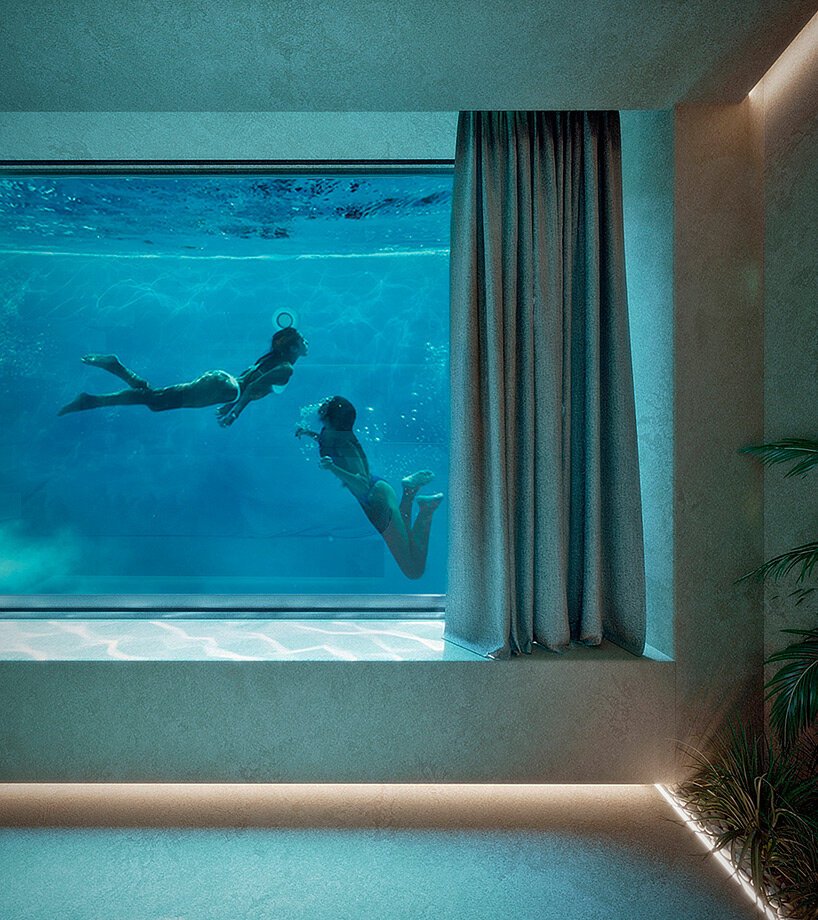 科达斯建筑师事务所设计的这座希腊住宅中，透明泳池投射出涟漪般的视觉效果