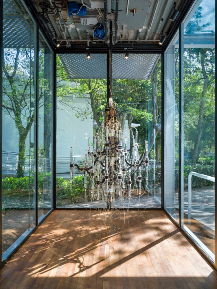 yunchul kim 的蛇形雕塑在威尼斯韩国馆内脉动和呼吸