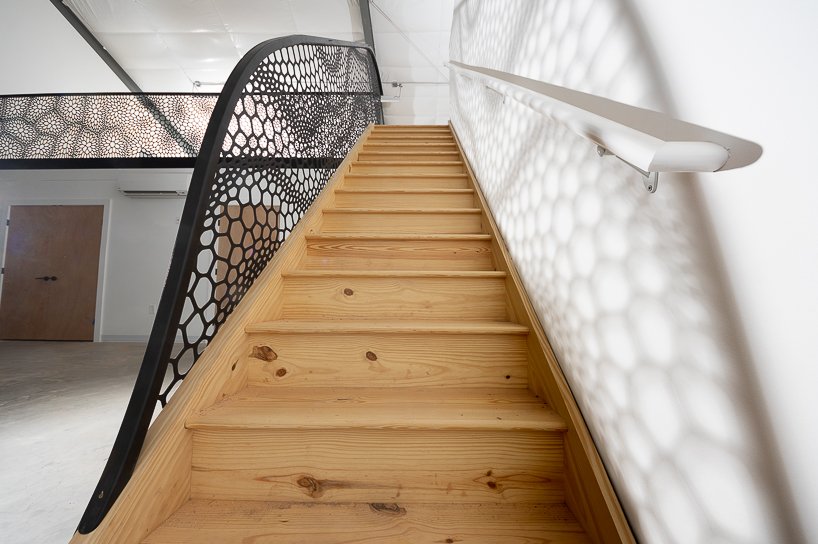 神经系统新工作室中的激光切割钢楼梯栏杆让人想起植物组织形态