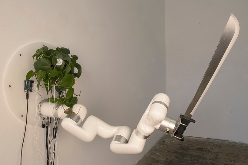 活植物通过工业机器人手臂控制砍刀