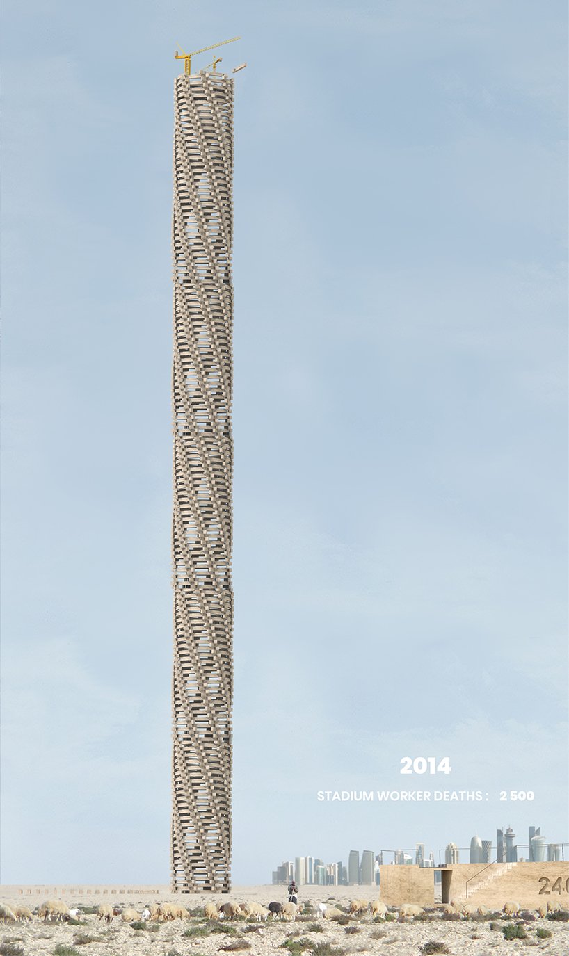 一座阴暗的摩天大楼纪念建造卡塔尔世界杯体育场的已故劳工