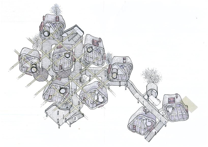 漂浮的木桥网络将中国农村分散的有机形状的“石窟”联合起来