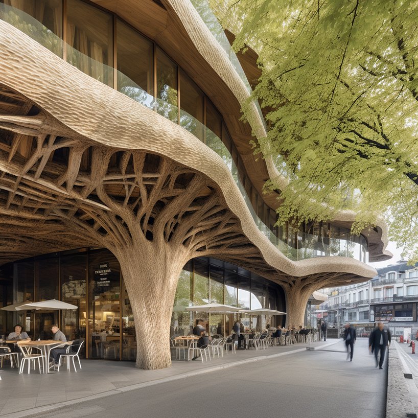 organic free-form tree restaurants grow amid the cityscape using midjourney