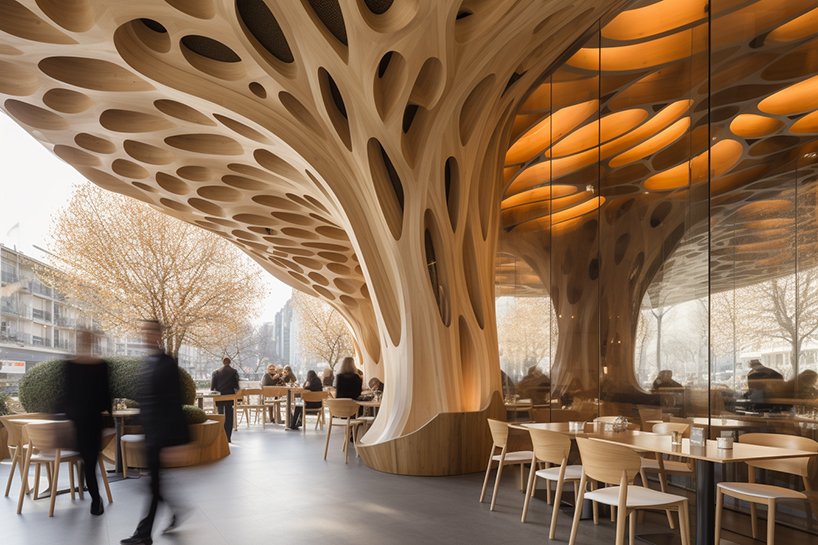 organic free-form tree restaurants grow amid the cityscape using midjourney