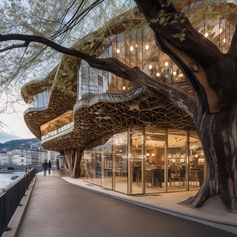 organic free-form tree restaurants grow amid the cityscape using midjourney