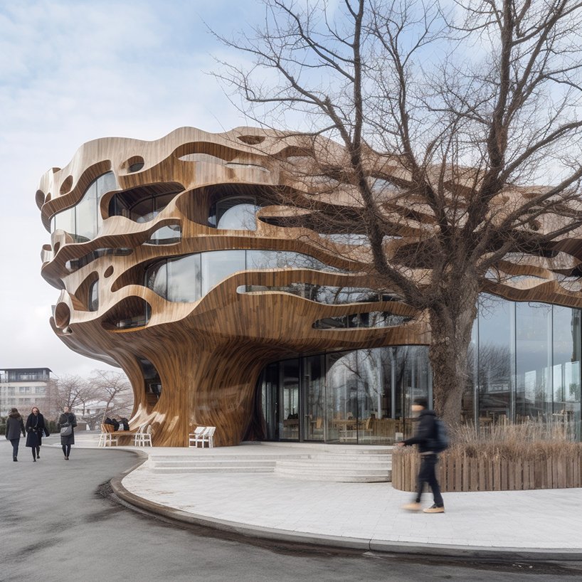 organic free-form tree restaurants grow amid the cityscape using midjourney