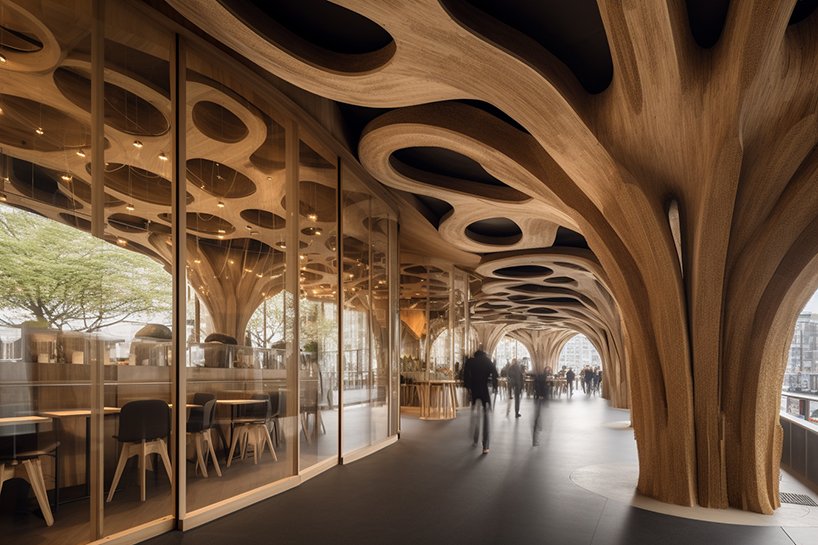 organic free-form tree restaurants grow amid the cityscape using midjourney