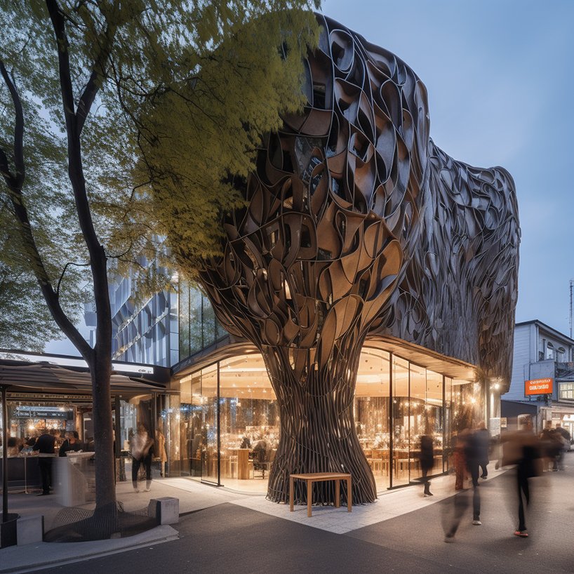 organic free-form tree restaurants grow amid the cityscape using midjourney