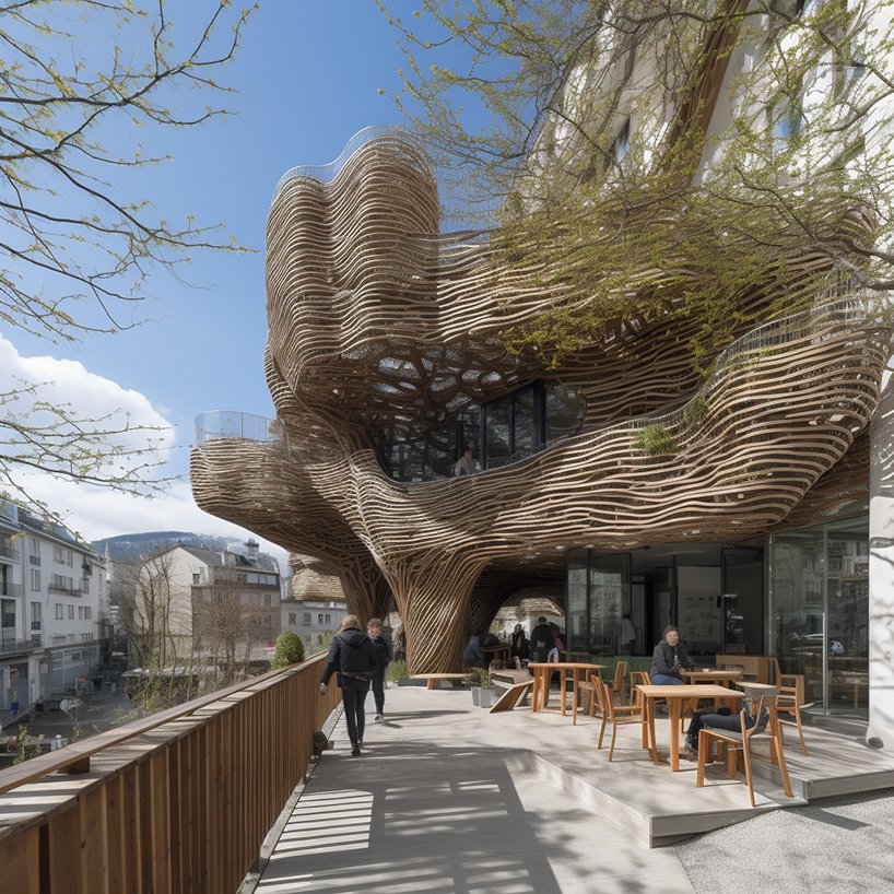 organic free-form tree restaurants grow amid the cityscape using midjourney