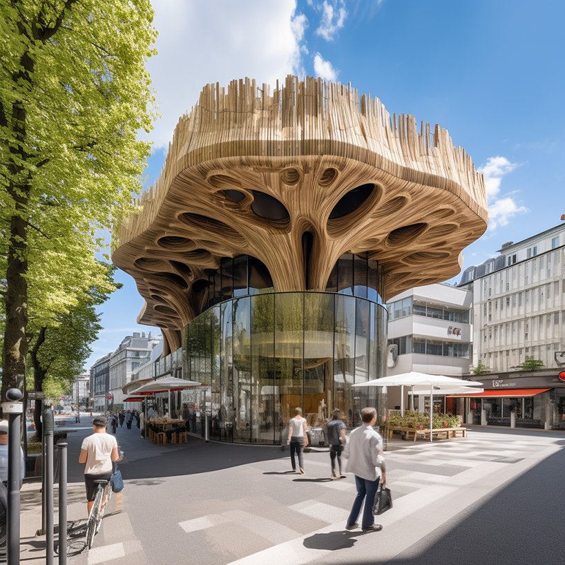 organic free-form tree restaurants grow amid the cityscape using midjourney