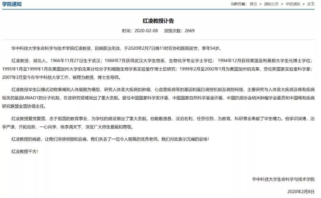 华中科技大学教授红凌因新冠肺炎逝世 享年 54 岁