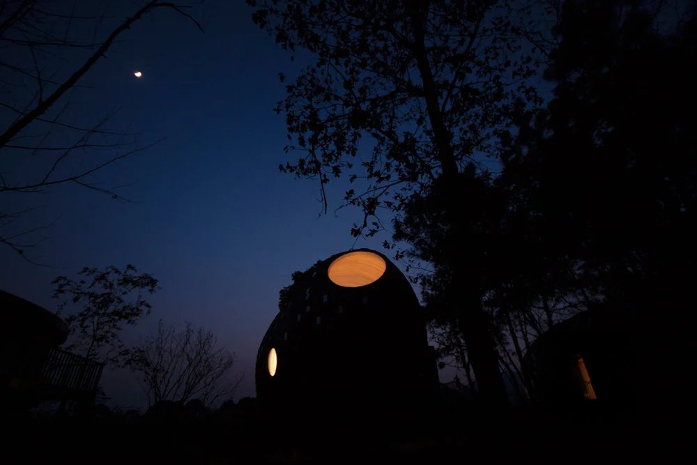 ZJJZ 在中国农村用镜面铝 + 松木瓦覆盖椭圆形宾馆