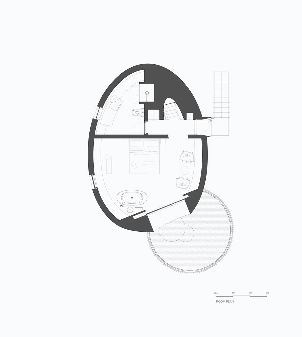 ZJJZ 在中国农村用镜面铝 + 松木瓦覆盖椭圆形宾馆