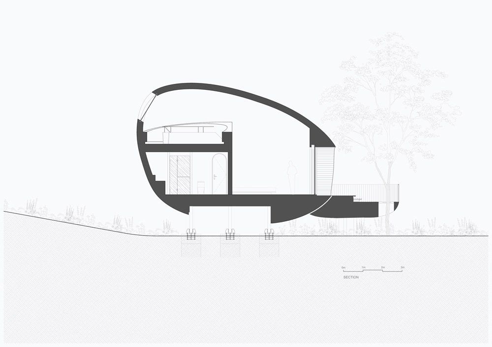 ZJJZ 在中国农村用镜面铝 + 松木瓦覆盖椭圆形宾馆