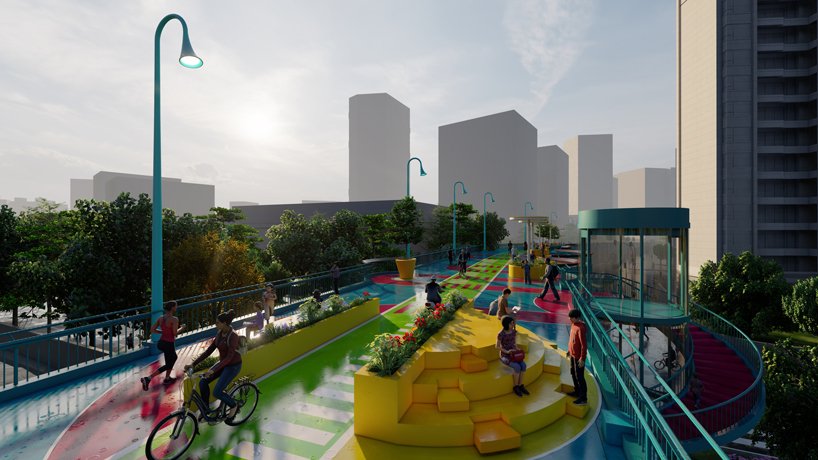 100architects 以明亮的色彩 + 环形的形状使上海人行天桥焕然一新