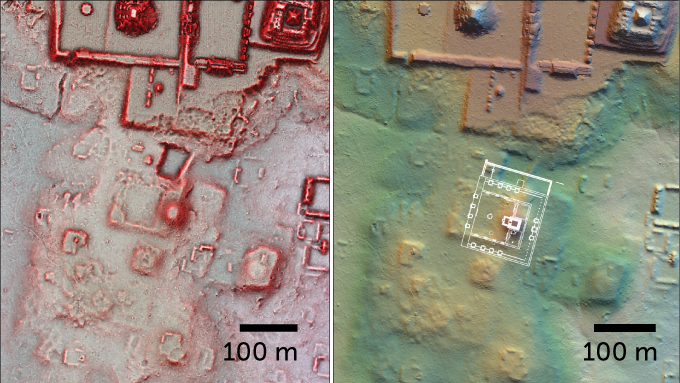蒂卡尔新发现的特奥蒂瓦坎风格广场和金字塔的两张激光雷达图像。右半部分显示了蒂卡尔结构上特奥蒂瓦坎城市的 30% 大小的覆盖图，显示了方向、平台和金字塔的相似性