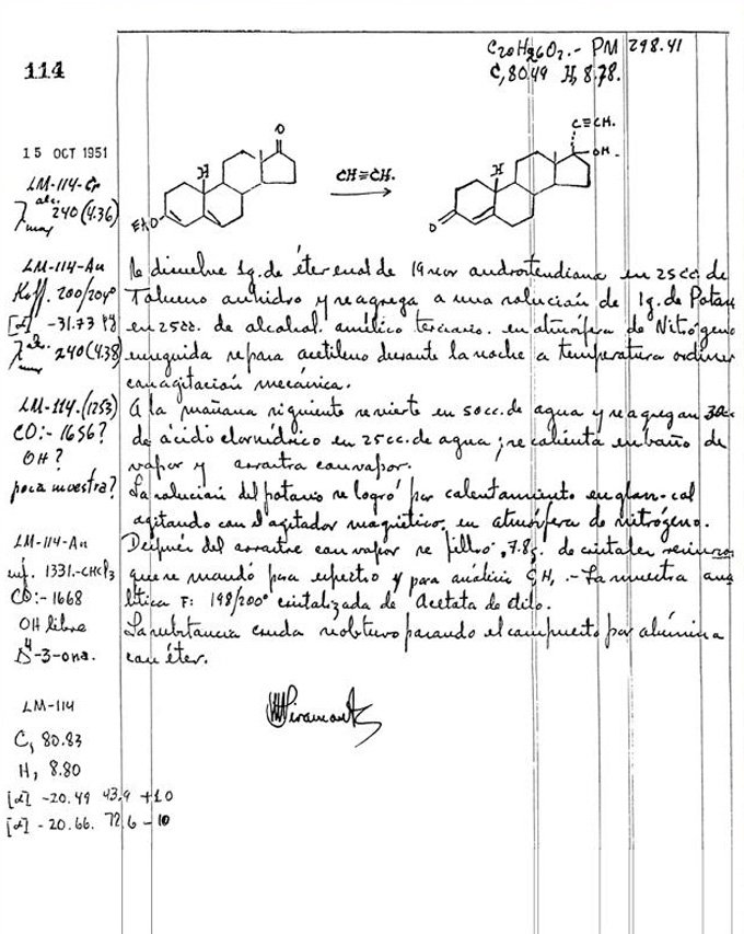 Luis Miramontes 实验室笔记本中概述合成步骤的一页的黑白图像